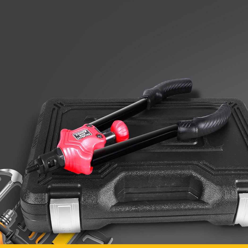 Nut Riveter Kit featuring a heavy-duty riveting gun, ergonomic handle, and portable storage case, designed for precision metal bonding.