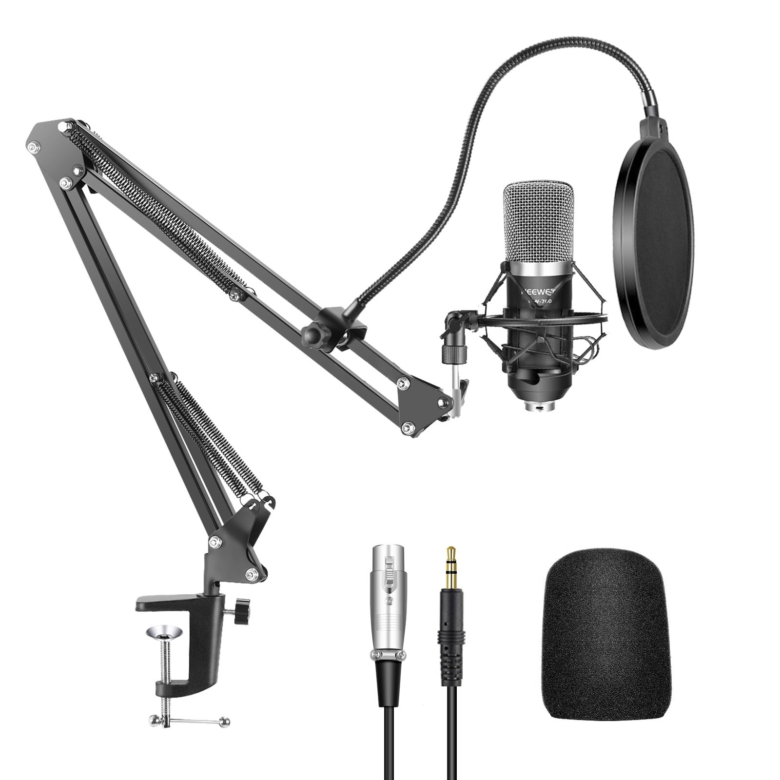 NW-700 Studio Condenser Microphone Kit with stand, designed for PC, karaoke, and YouTube recording, showcasing its sleek design and professional features.
