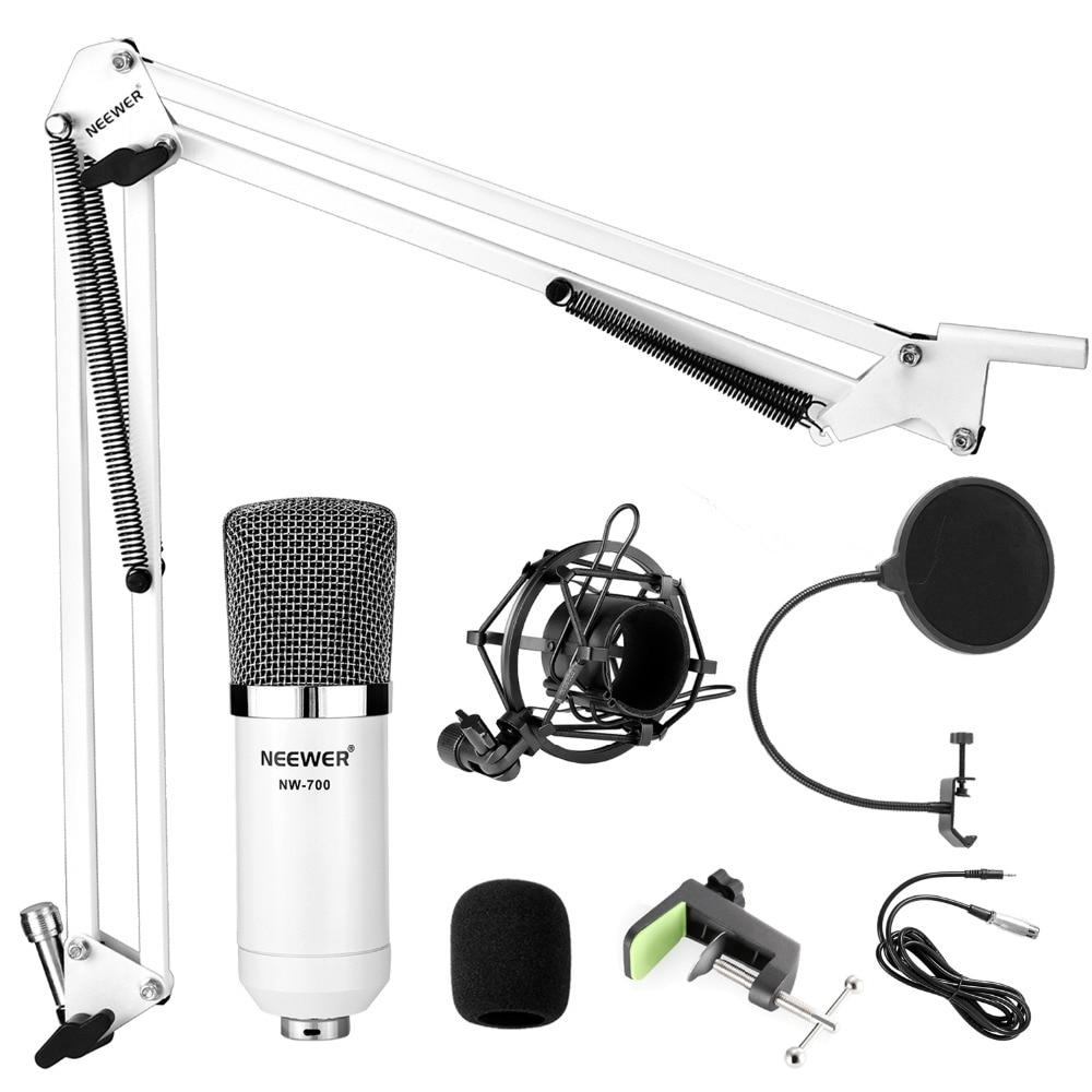 NW-700 Studio Condenser Microphone Kit with stand, designed for PC, karaoke, and YouTube recording, showcasing its sleek design and professional features.