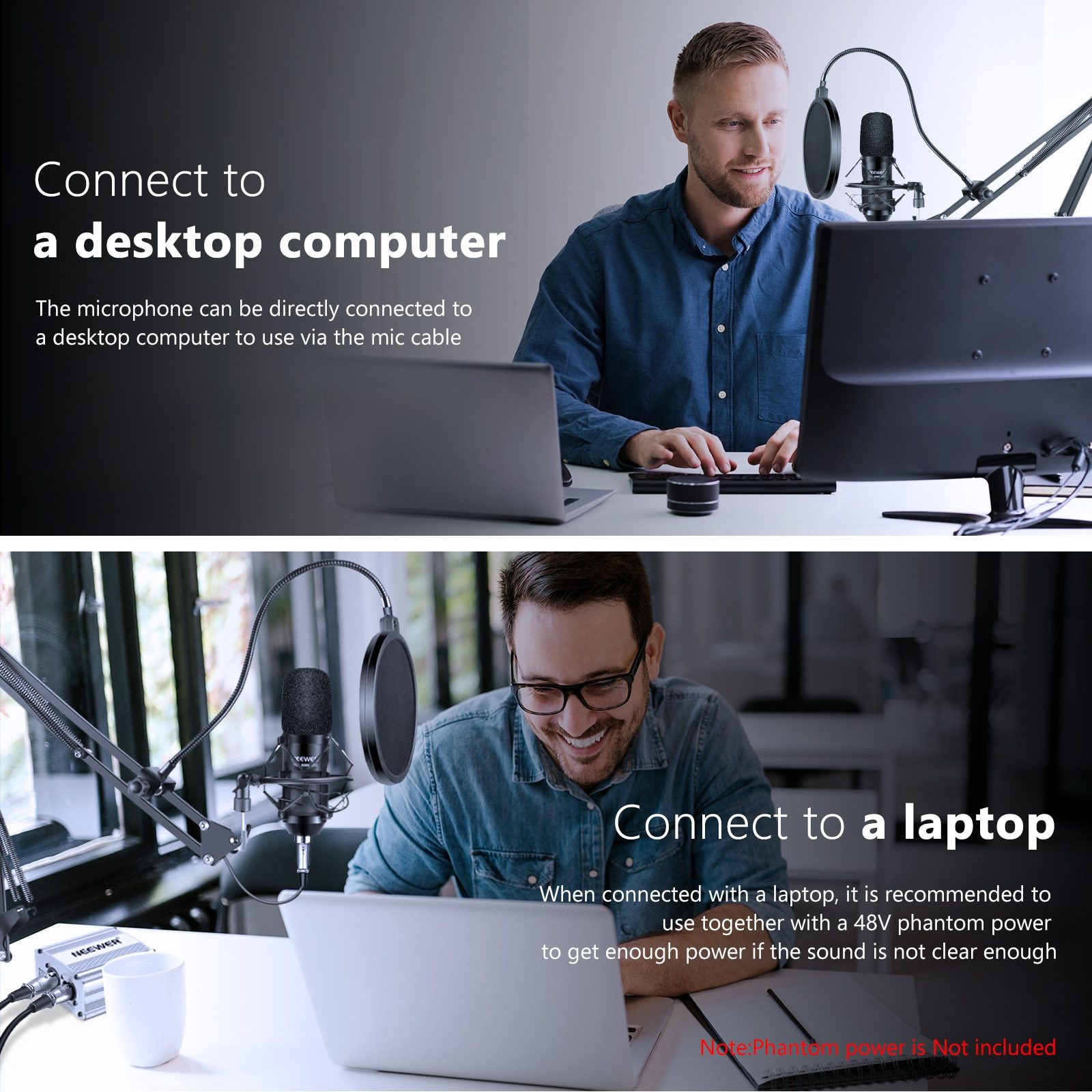 NW-700 Studio Condenser Microphone Kit with stand, designed for PC, karaoke, and YouTube recording, showcasing its sleek design and professional features.