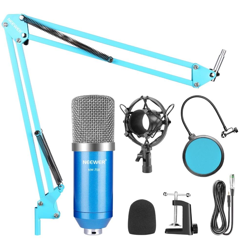 NW-700 Studio Condenser Microphone Kit with stand, designed for PC, karaoke, and YouTube recording, showcasing its sleek design and professional features.