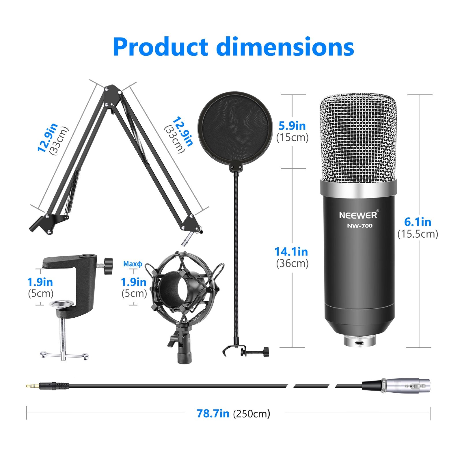 NW-700 Studio Condenser Microphone Kit with stand, designed for PC, karaoke, and YouTube recording, showcasing its sleek design and professional features.