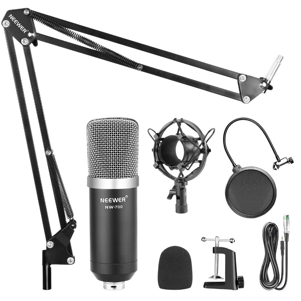 NW-700 Studio Condenser Microphone Kit with stand, designed for PC, karaoke, and YouTube recording, showcasing its sleek design and professional features.