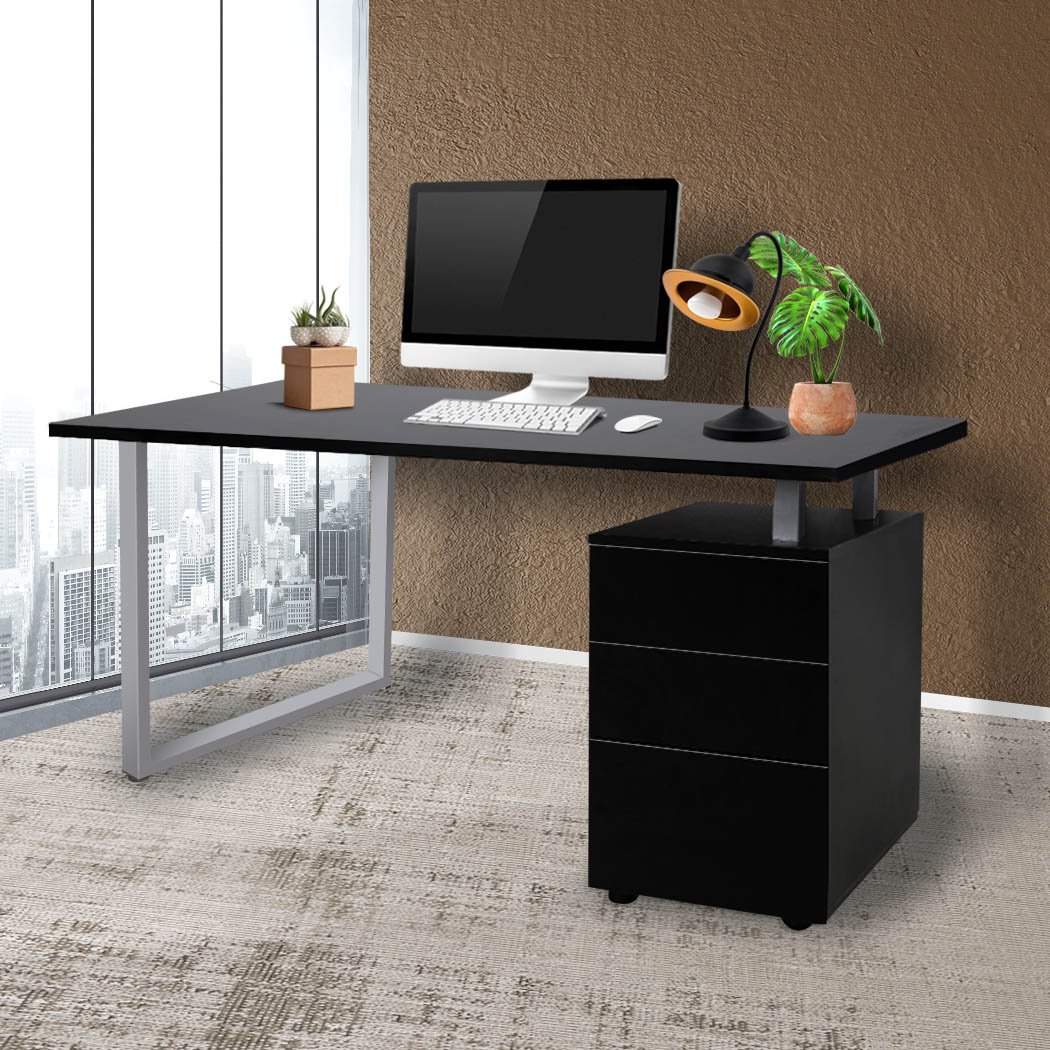 A modern Office Computer Desk featuring a spacious black tabletop, three drawers, and a sturdy steel frame, ideal for home or office use.