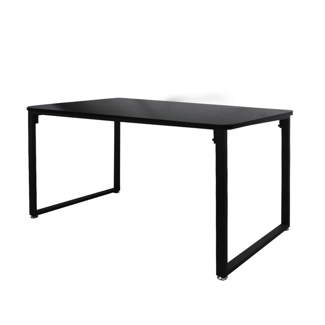 A modern black office desk with a spacious tabletop, sturdy steel frame, and anti-scratch feet pads, ideal for home or study use.