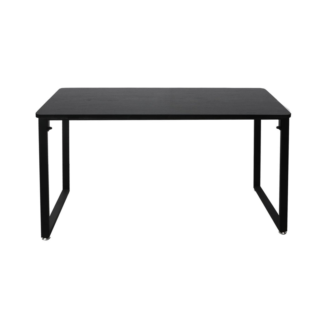 A modern black office desk with a spacious tabletop, sturdy steel frame, and anti-scratch feet pads, ideal for home or study use.