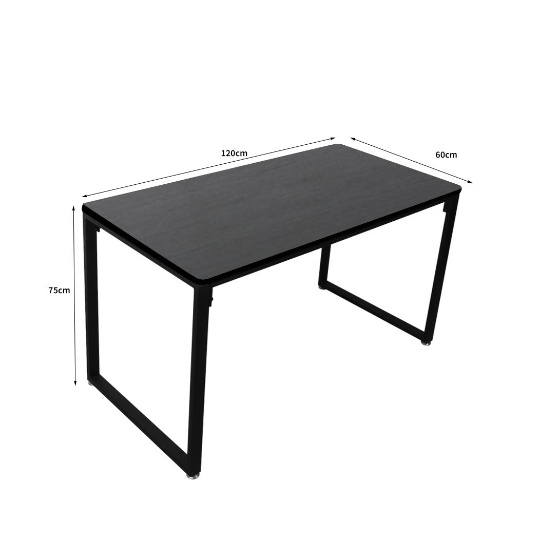 A modern black office desk with a spacious tabletop, sturdy steel frame, and anti-scratch feet pads, ideal for home or study use.
