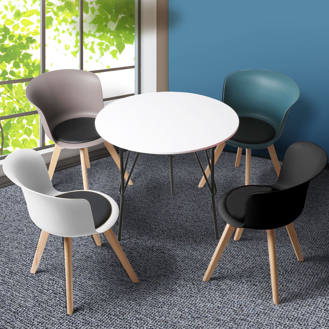 Office Meeting Table Chair Set featuring four PU leather seats and a round table, designed for comfort and style in professional or casual settings.