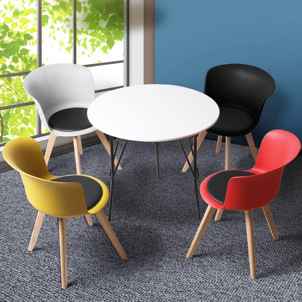 Office Meeting Table Chair Set featuring four PU leather seats and a round table, designed for comfort and style in professional environments.