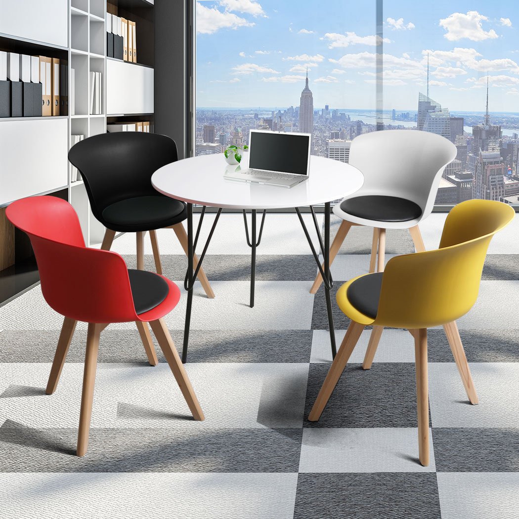 Office Meeting Table Chair Set featuring four PU leather seats and a round table, designed for comfort and style in professional environments.