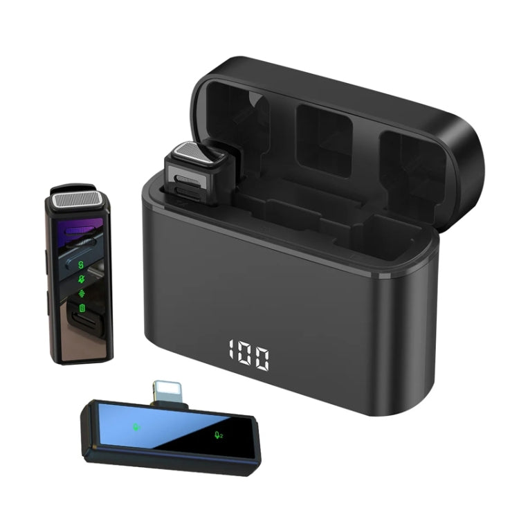 One To Two Outdoor Recording Lavalier Microphone with charging compartment, showcasing its sleek design and wireless capabilities.