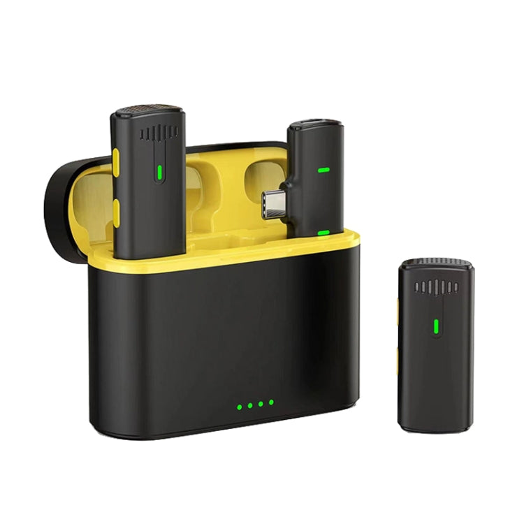 One To Two Outdoor Recording Lavalier Microphone with charging compartment, showcasing its compact design and wireless features.