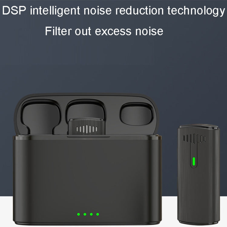 One To Two Outdoor Recording Lavalier Microphone with charging compartment, showcasing its compact design and wireless features.