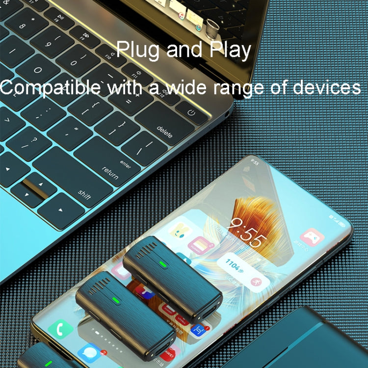 One To Two Outdoor Recording Lavalier Microphone with charging compartment, showcasing its compact design and wireless features.