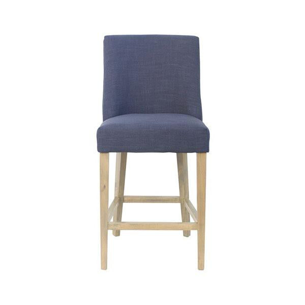Ophelia Barstool in Navy Blue with silver ring pull handle and natural birch legs, showcasing elegant design and comfortable seating.