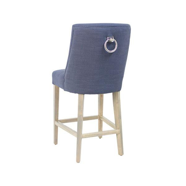 Ophelia Barstool in Navy Blue with silver ring pull handle and natural birch legs, showcasing elegant design and comfortable seating.