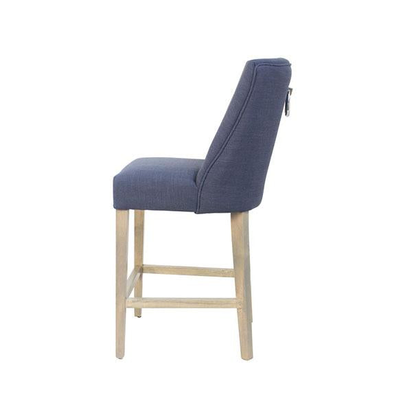 Ophelia Barstool in Navy Blue with silver ring pull handle and natural birch legs, showcasing elegant design and comfortable seating.