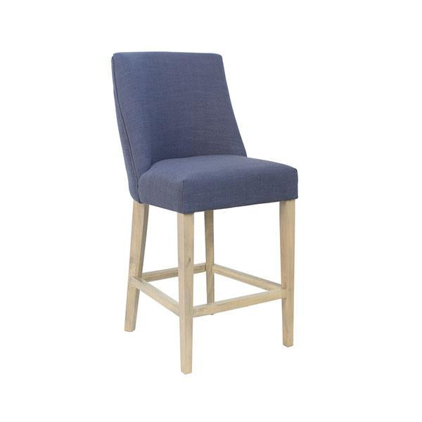 Ophelia Barstool in Navy Blue with silver ring pull handle and natural birch legs, showcasing elegant design and comfortable seating.