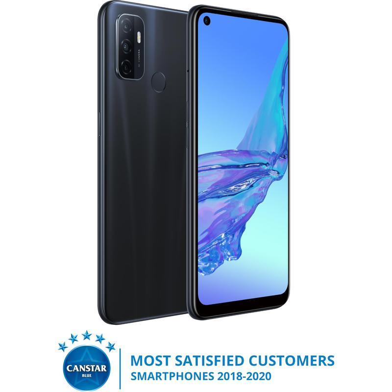 OPPO A53 64GB Electric Black smartphone with a 6.5-inch HD+ LED screen and sleek design.