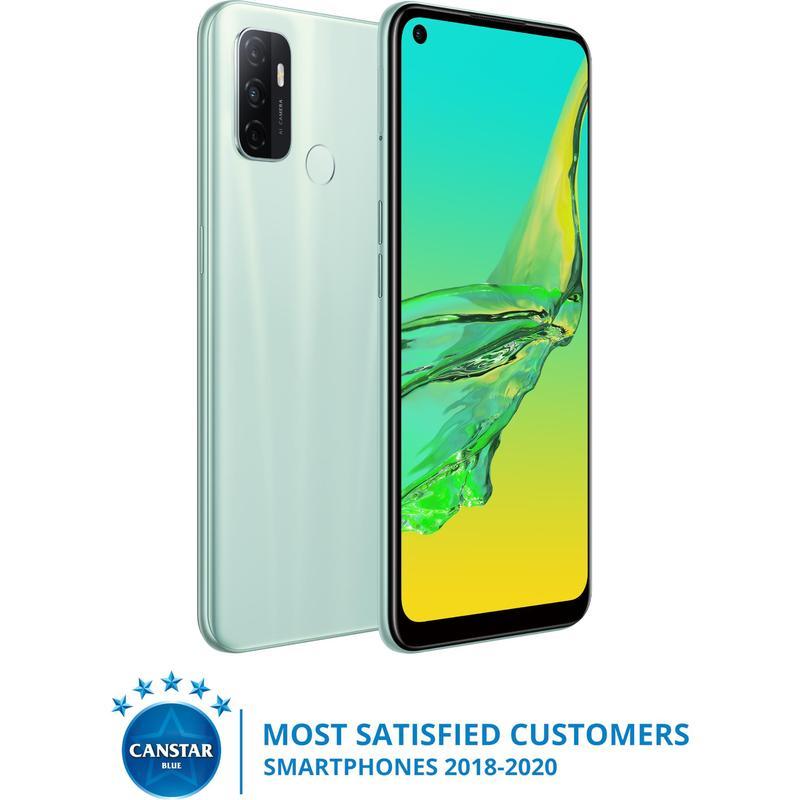 OPPO A53 64GB Mint Cream smartphone showcasing its 6.5' HD+ LED screen and sleek design.