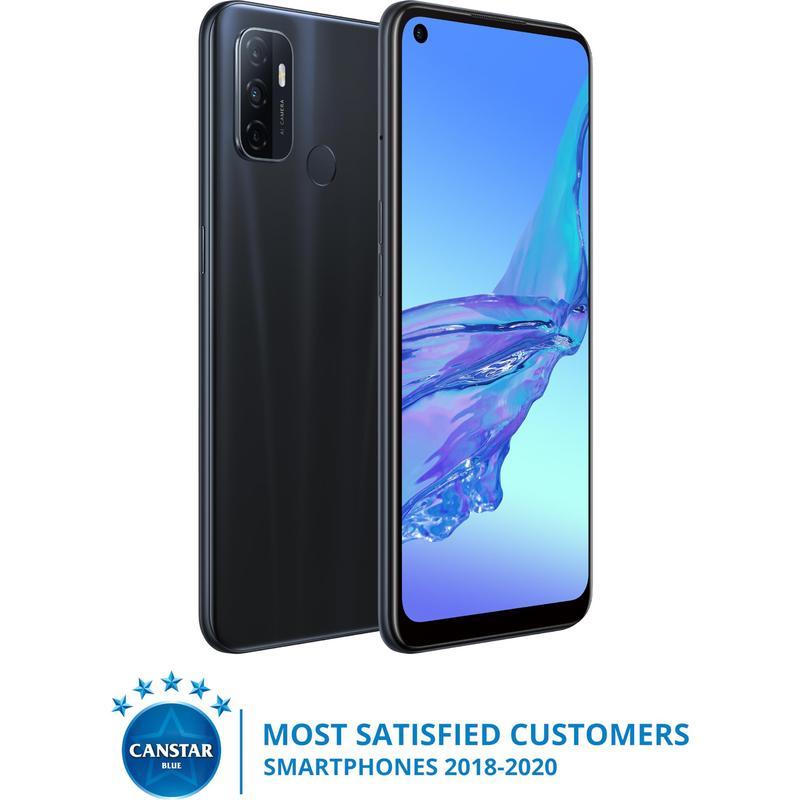 OPPO A53s 128GB Electric Black smartphone showcasing its 6.5-inch HD+ LED screen and sleek design.