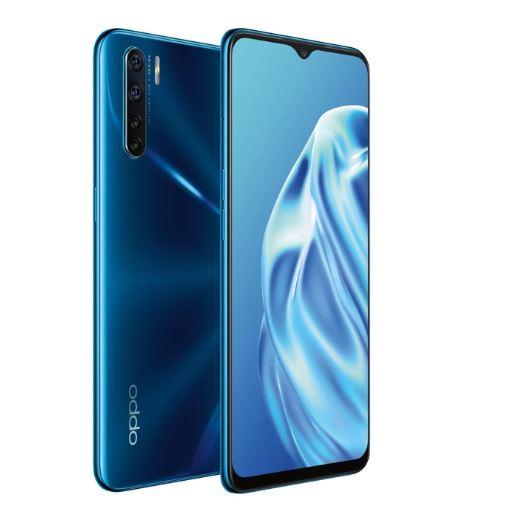 Oppo A91 (Mona) smartphone in Blazing Blue color with a 6.4-inch AMOLED screen, showcasing its sleek design and advanced camera features.