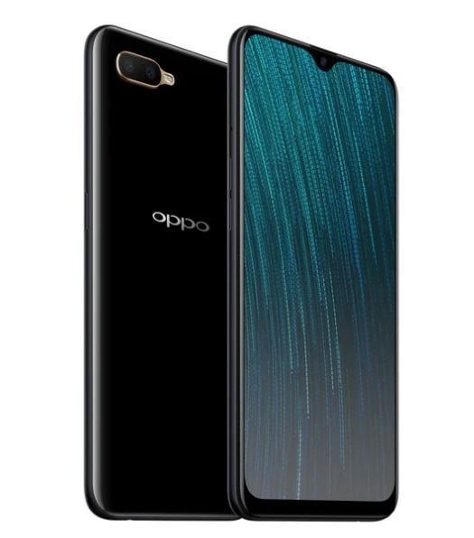 OPPO AX5s 64GB Black smartphone showcasing its 6.2-inch screen and dual rear cameras.