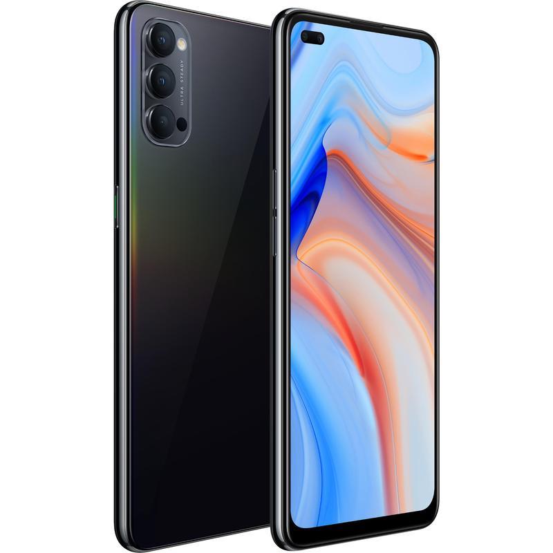 OPPO Reno4 5G smartphone in Space Black color with a 6.4-inch AMOLED display and triple rear camera setup.