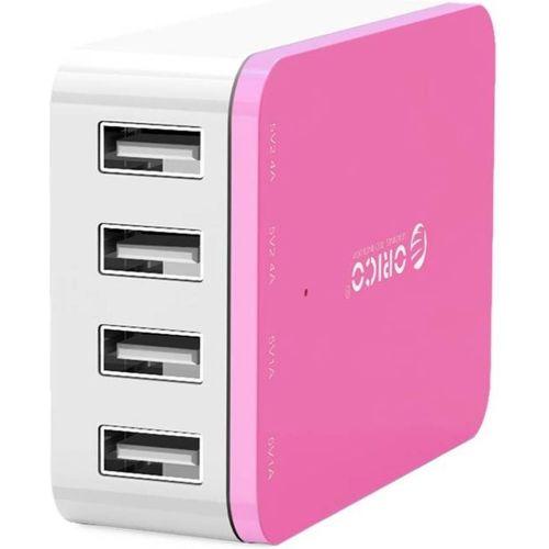 ORICO 4 x USB Port Desktop Charger in Pink with four USB ports for charging devices.