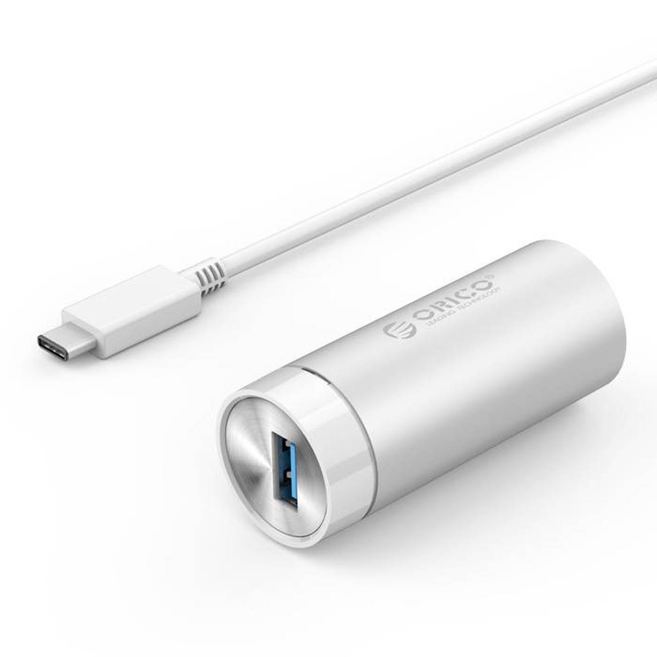 ORICO SuperSpeed USB3.0 to Gigabit Ethernet Adapter with USB Type A and C cables, showcasing its sleek aluminum design.