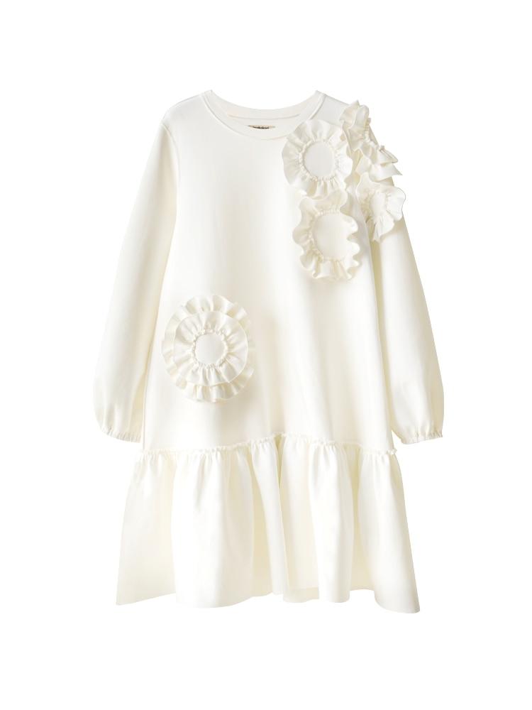 A stylish mid-length ruffled dress featuring a floral pattern, O-neck neckline, and full sleeves, perfect for winter wear.