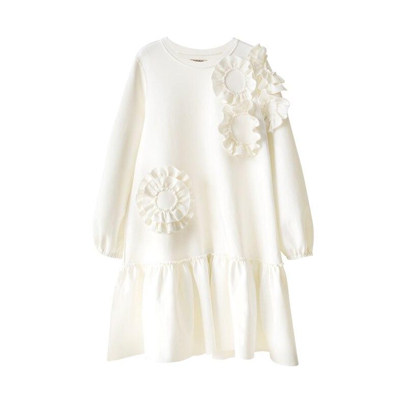 A stylish mid-length ruffled dress featuring a floral pattern, O-neck neckline, and full sleeves, perfect for winter wear.
