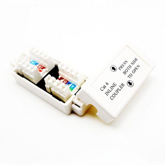OTHER Cat 6 Inline Coupler in white, designed for punch down connections, showcasing its compact size and mounting options.