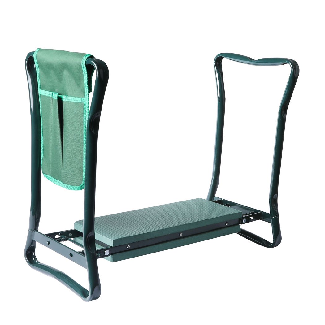 Outdoor Foldable Garden Kneeler Seat with Tool Pouch, featuring a cushioned seat and sturdy steel frame, ideal for gardening.