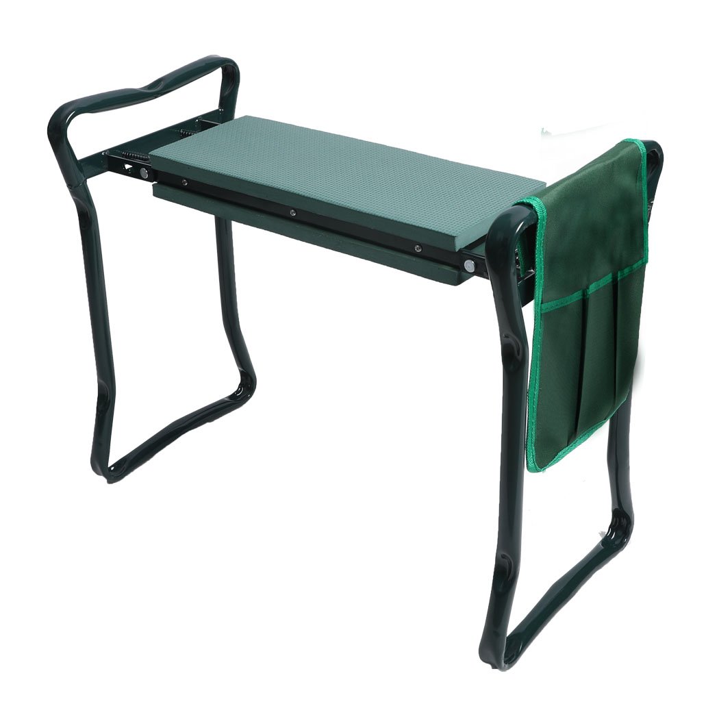 Outdoor Foldable Garden Kneeler Seat with Tool Pouch, featuring a cushioned seat and sturdy steel frame, ideal for gardening.