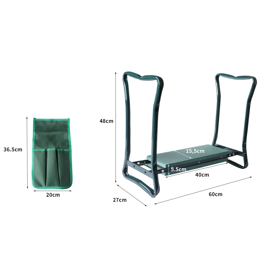 Outdoor Foldable Garden Kneeler Seat with Tool Pouch, featuring a cushioned seat and sturdy steel frame, ideal for gardening.