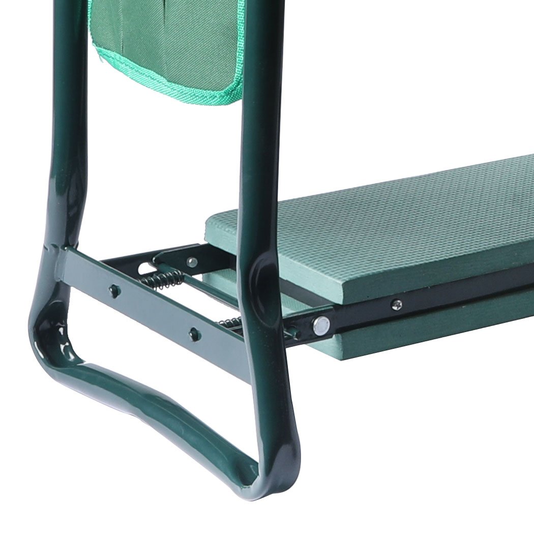 Outdoor Foldable Garden Kneeler Seat with Tool Pouch, featuring a cushioned seat and sturdy steel frame, ideal for gardening.