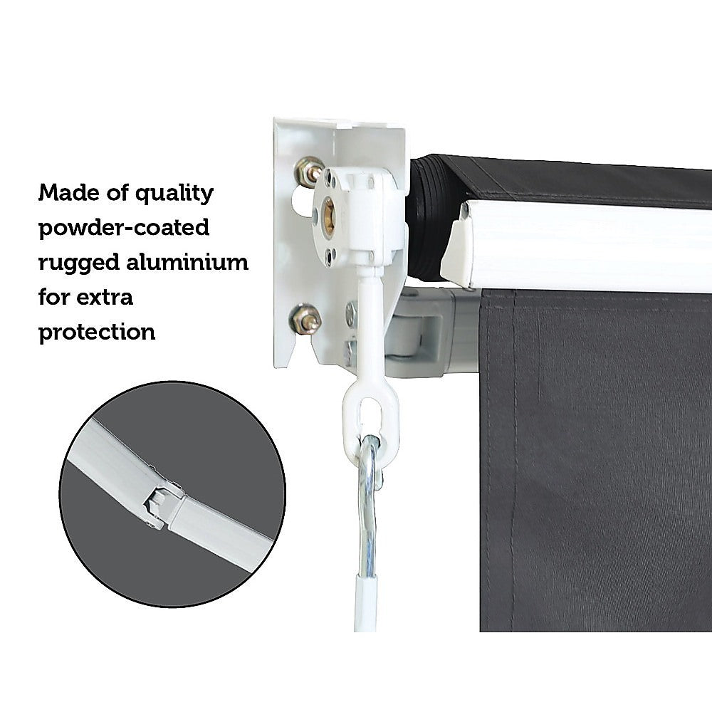 Grey outdoor folding arm awning retractable sunshade canopy, measuring 4.0m x 2.5m, installed over a patio.