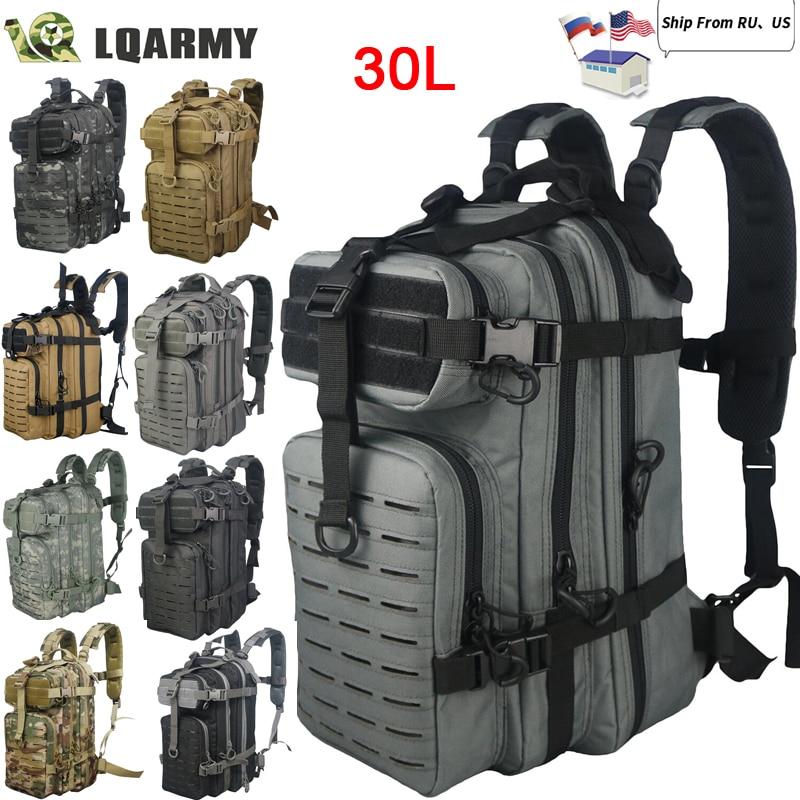 Outdoor military rucksack in camouflage design, showcasing waterproof polyester material and adjustable straps, ideal for camping and hiking.