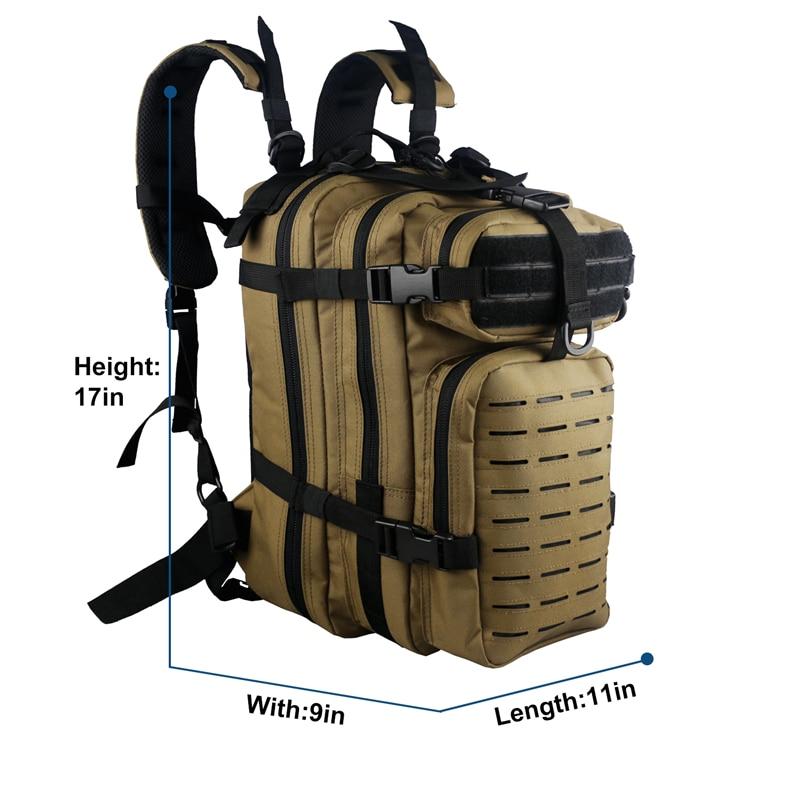 Outdoor military rucksack in camouflage design, showcasing waterproof polyester material and adjustable straps, ideal for camping and hiking.
