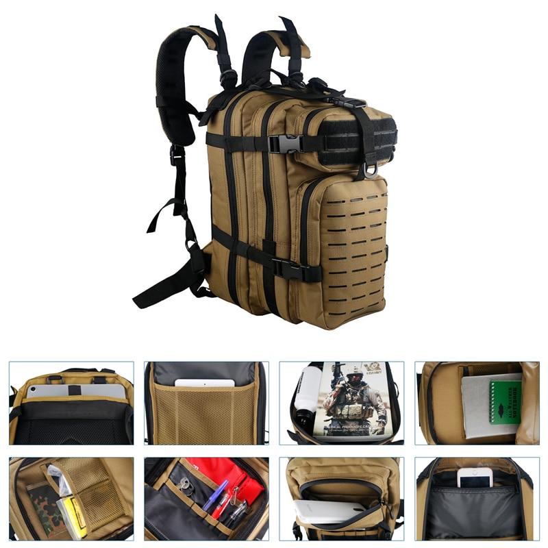 Outdoor military rucksack in camouflage design, showcasing waterproof polyester material and adjustable straps, ideal for camping and hiking.
