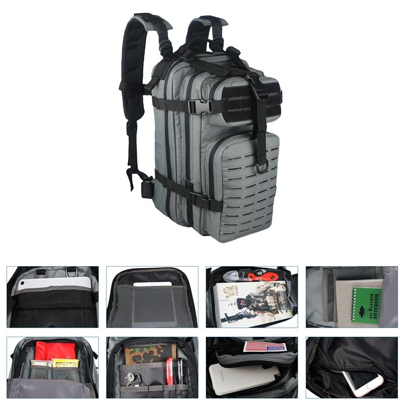 Outdoor military rucksack in camouflage design, showcasing waterproof polyester material and adjustable straps, ideal for camping and hiking.