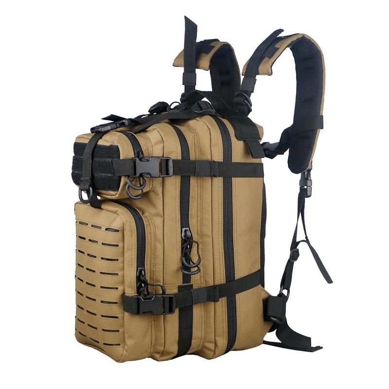 Outdoor military rucksack in camouflage design, showcasing waterproof polyester material and adjustable straps, ideal for camping and hiking.