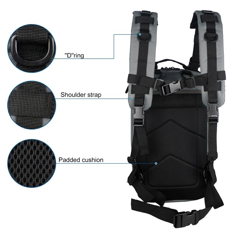 Outdoor military rucksack in camouflage design, showcasing waterproof polyester material and adjustable straps, ideal for camping and hiking.