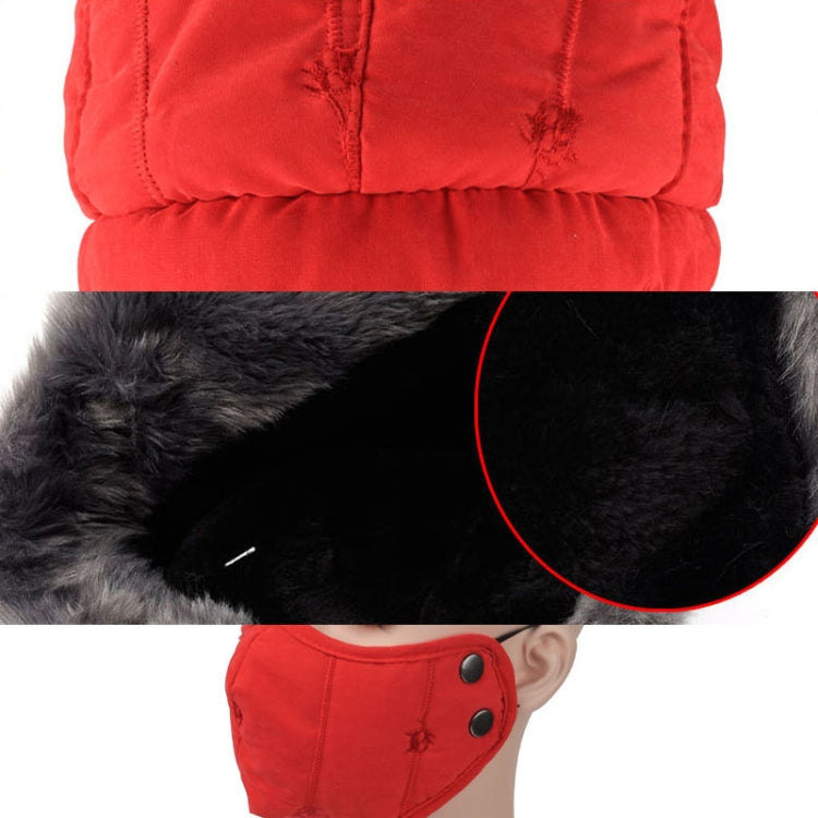 Outdoor Protect Face Neck Mask Hat in peach skin velvet with kitten embroidery, designed for winter activities like skiing and riding.