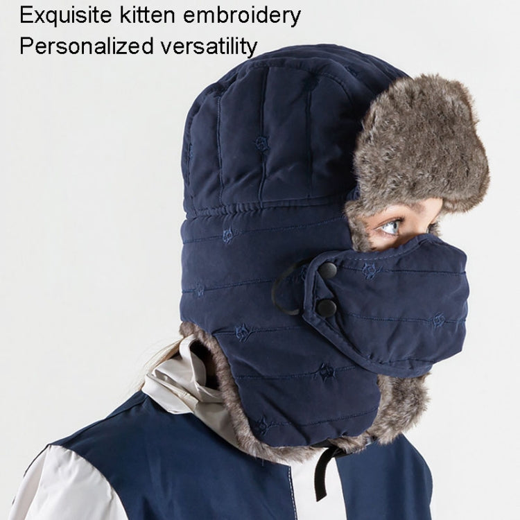 Outdoor Protect Face Neck Mask Hat in peach skin velvet with kitten embroidery, designed for winter activities like skiing and riding.