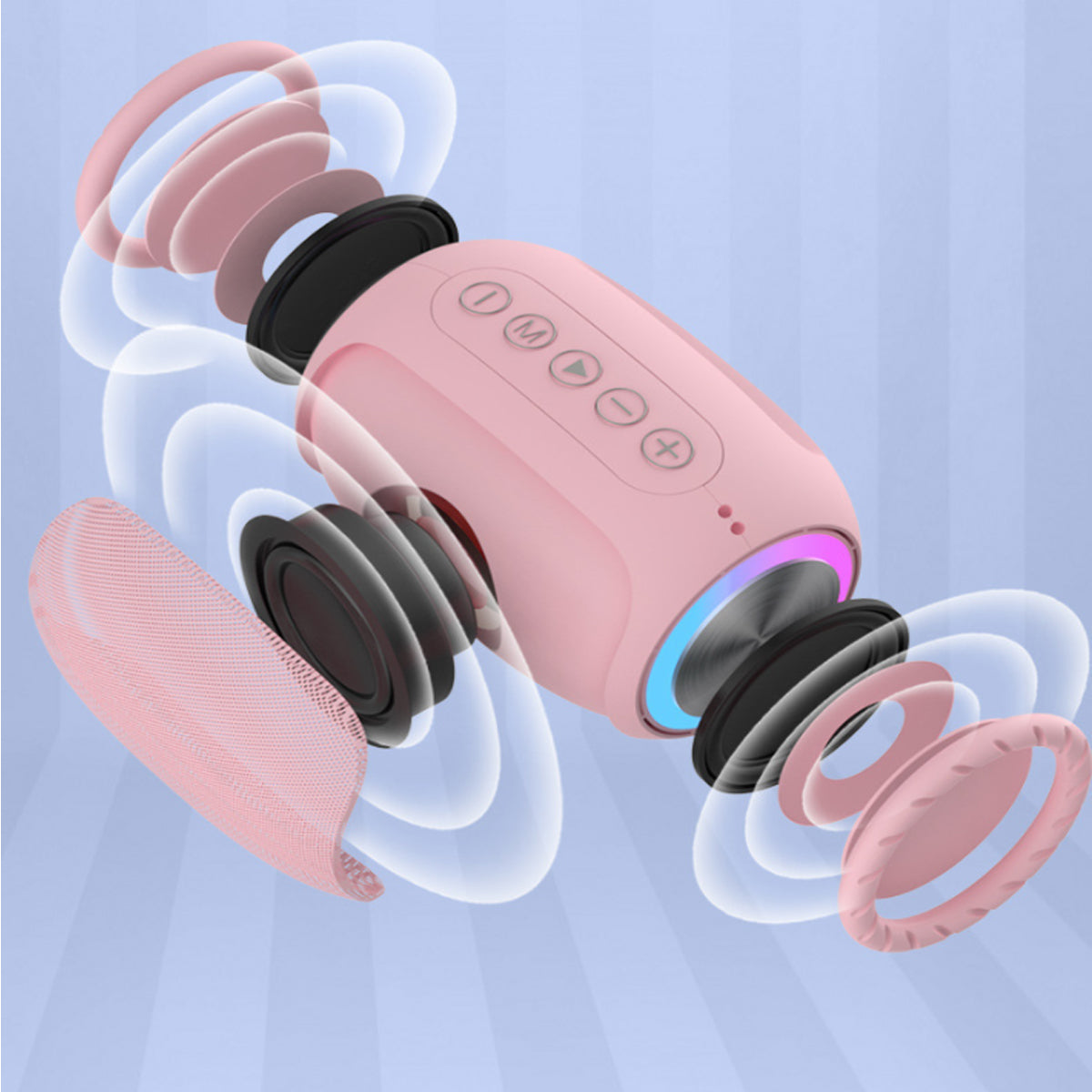 Oval Drum Bluetooth Speaker with LED ring light, showcasing its modern design and touch sensor controls.