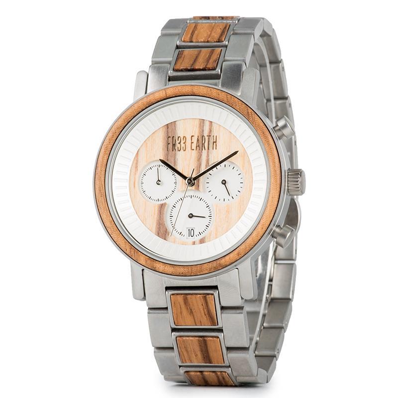 Ovo X premium wood watch made from Zebra Wood and stainless steel, featuring a light-colored wooden band and elegant design.