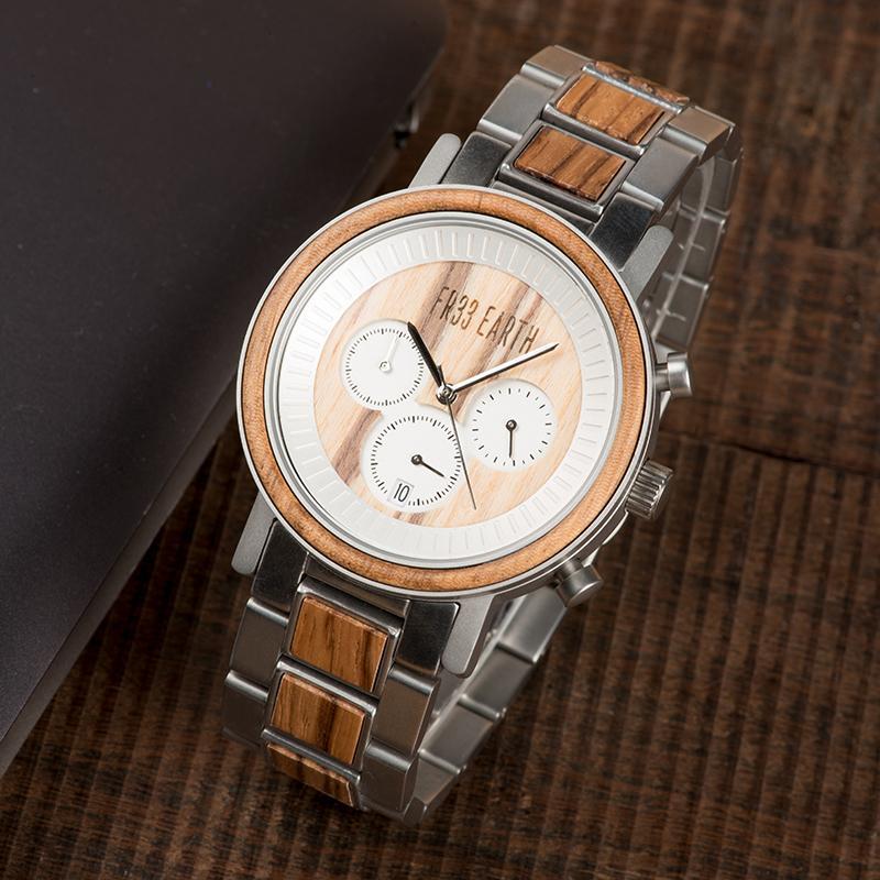 Ovo X premium wood watch made from Zebra Wood and stainless steel, featuring a light-colored wooden band and elegant design.