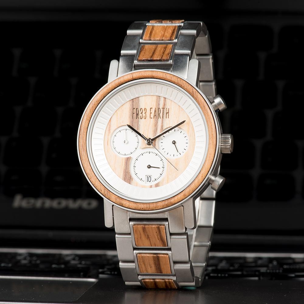 Ovo X premium wood watch made from Zebra Wood and stainless steel, featuring a light-colored wooden band and elegant design.